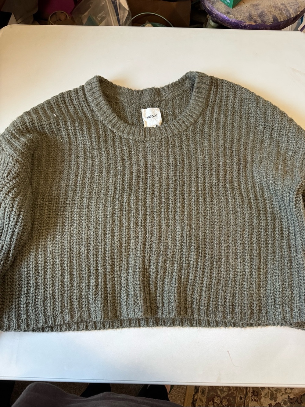aerie Olive Ribbed Cropped Crewneck Sweater